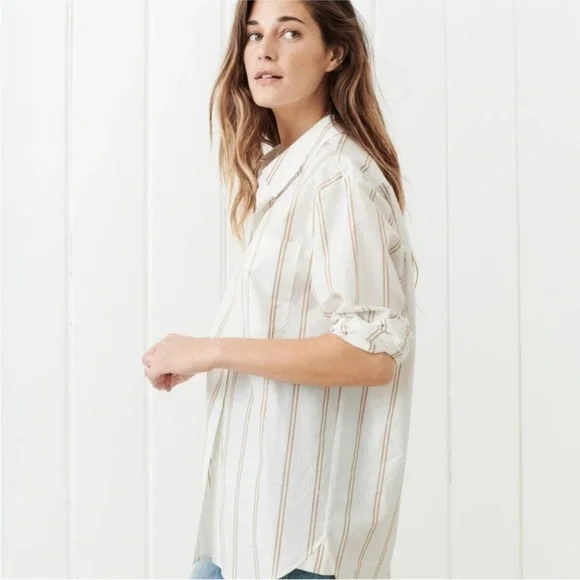 Jenni Kayne Boyfriend Khaki and White Double Striped Button Up Shirt - XL